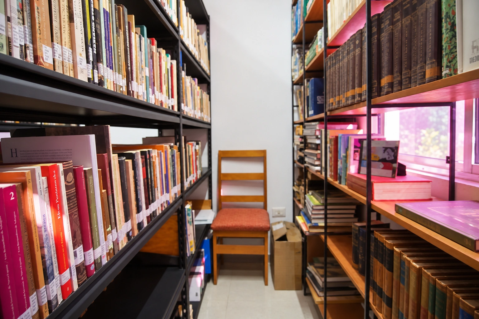 Rincón de la biblioteca con luz rosa