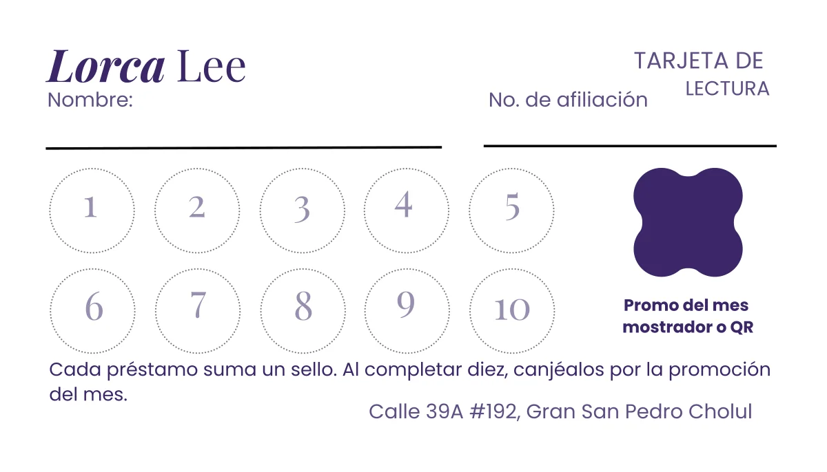 Dorso de la tarjeta Lorca Lee: diez espacios numerados para los sellos y espacio para la promo del mes